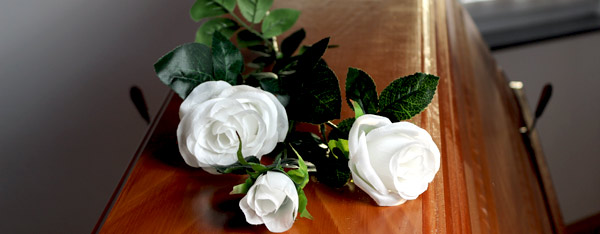 weiße Rosen auf Sarg